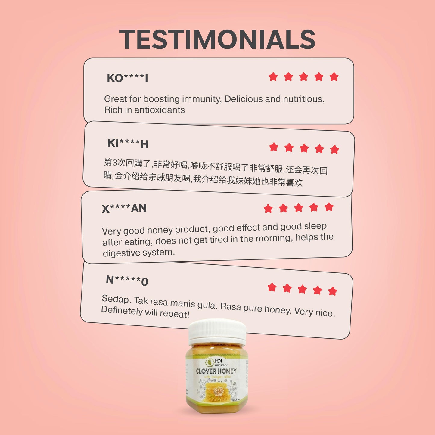 Testimonials for HDI Clover Honey highlighting benefits for immunity, digestive support, and better sleep. Customers praise the product for gut health, immunity boosting, and its authentic, pure honey taste without added sugar.