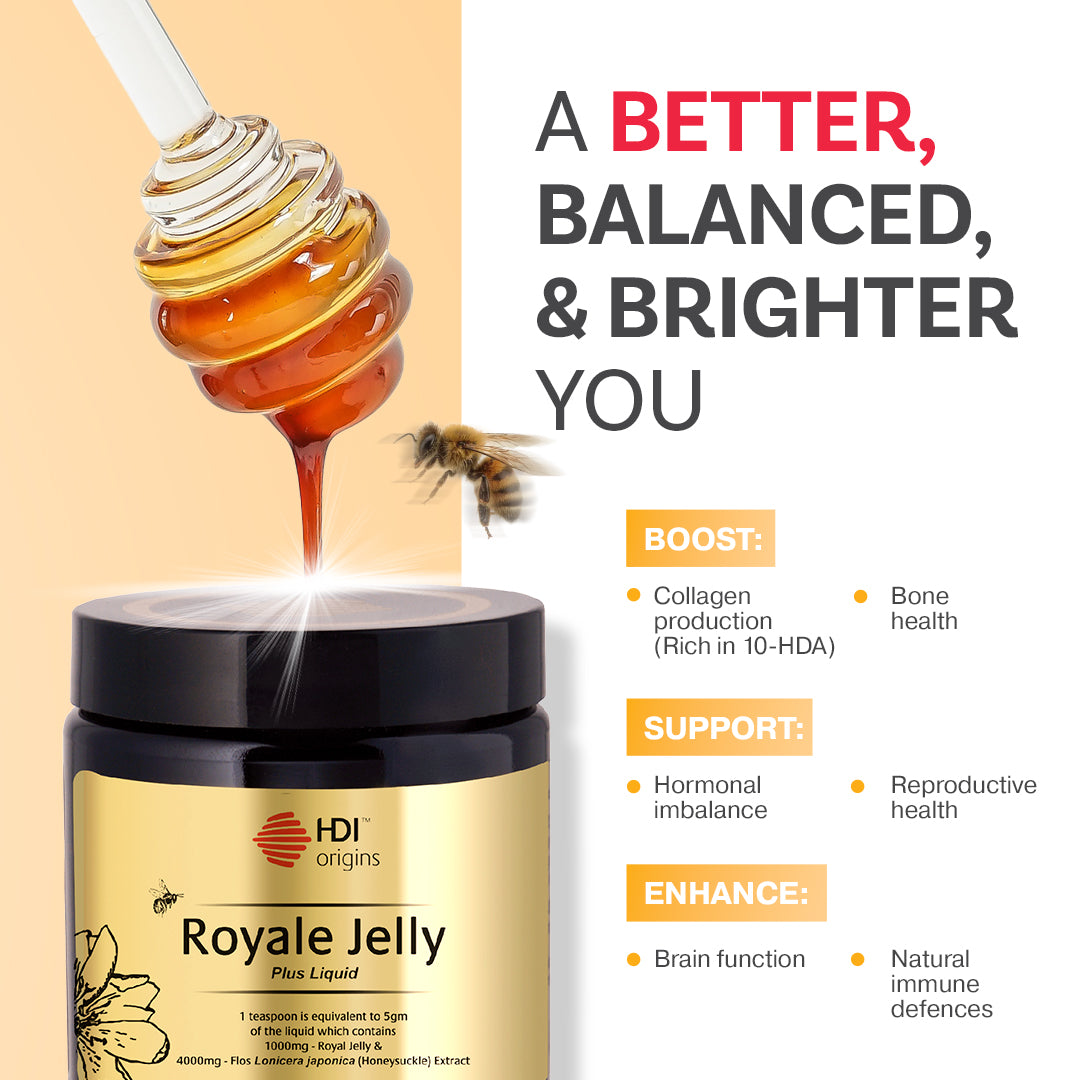 HDI Origins Liquid Royale Jelly – boosts collagen production, supports hormonal balance, brain function and natural immune defence for daily vitality.
