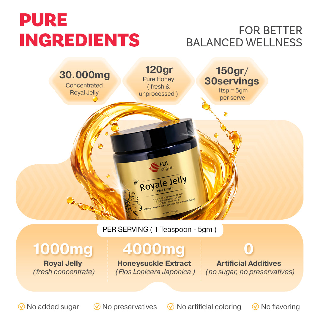 HDI Liquid Royale Jelly – 1000mg fresh royal jelly per serving, no sugar, no preservatives and zero artificial additives, made for daily wellness.