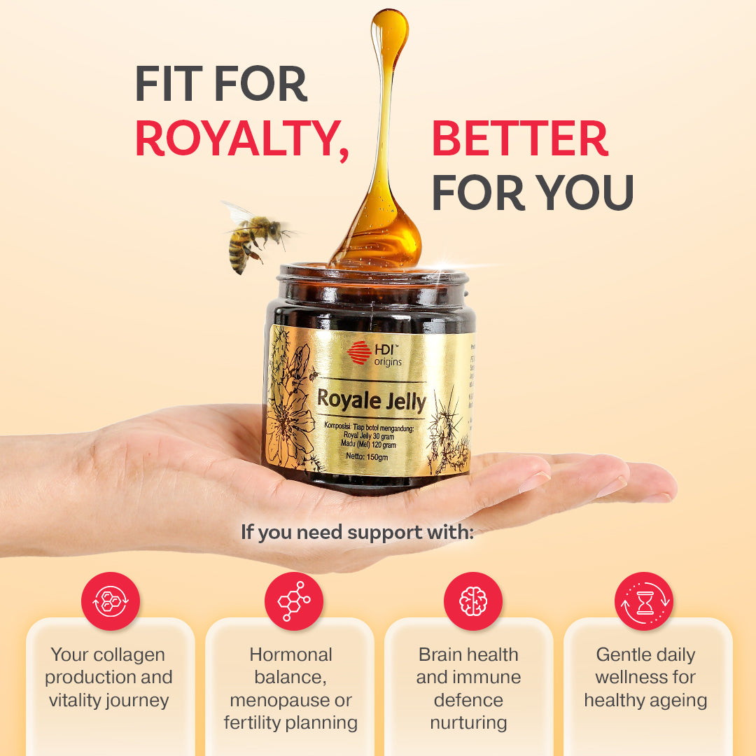 HDI Liquid Royale Jelly – good for collagen, hormonal balance, menopause, brain health and healthy ageing, gentle enough for daily use.