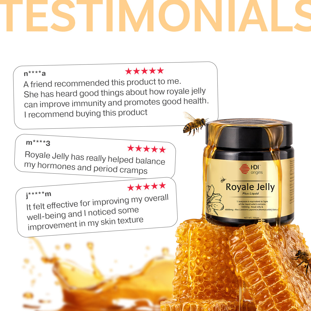 HDI Liquid Royale Jelly customer reviews – helped with hormonal balance, period cramps, skin texture and overall health, five star rated by real users.