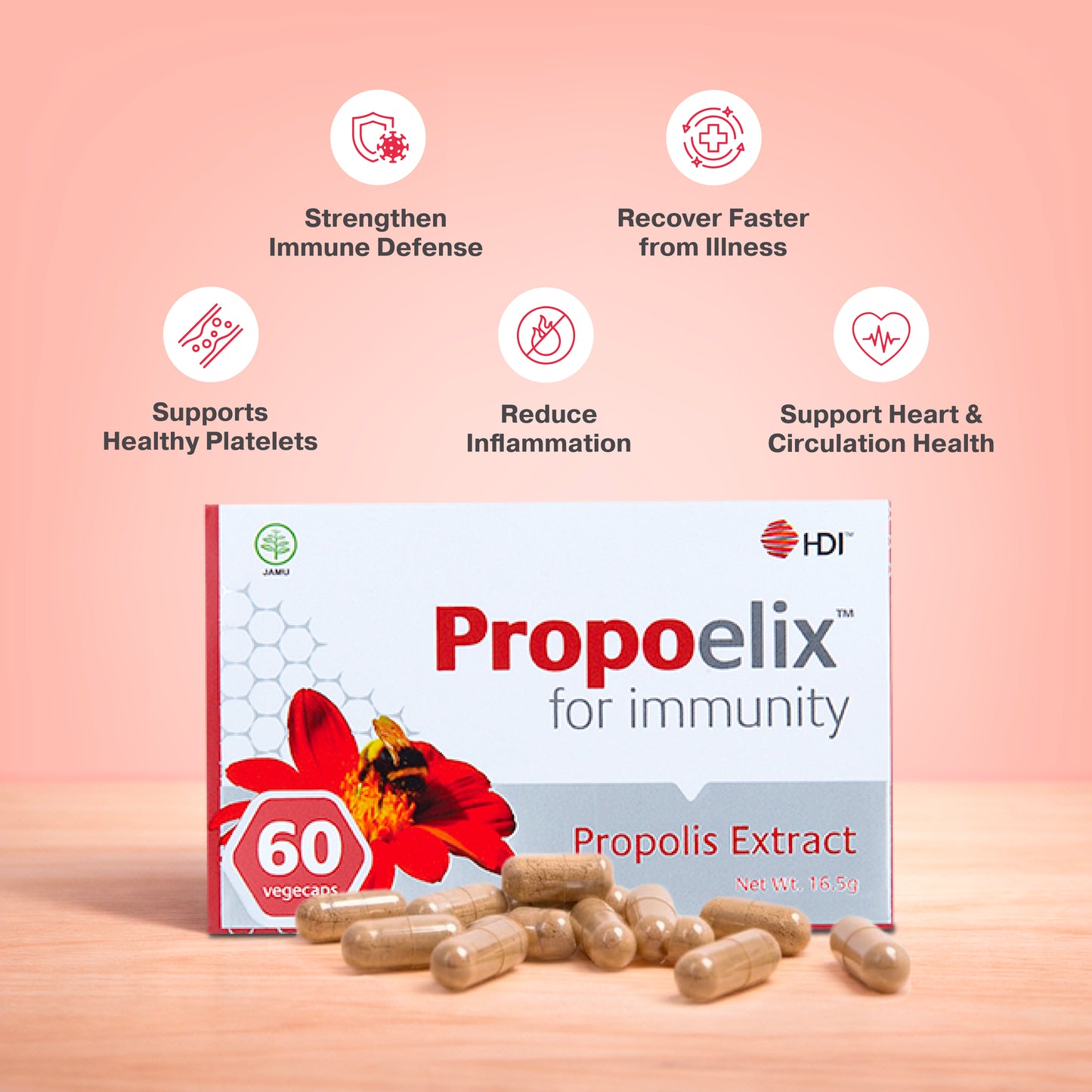 HDI Propoelix capsules for immunity and recovery. Infographic highlights benefits: Strengthens immune defense, faster recovery from illness, supports healthy platelets, reduces inflammation, and supports heart and circulation health.