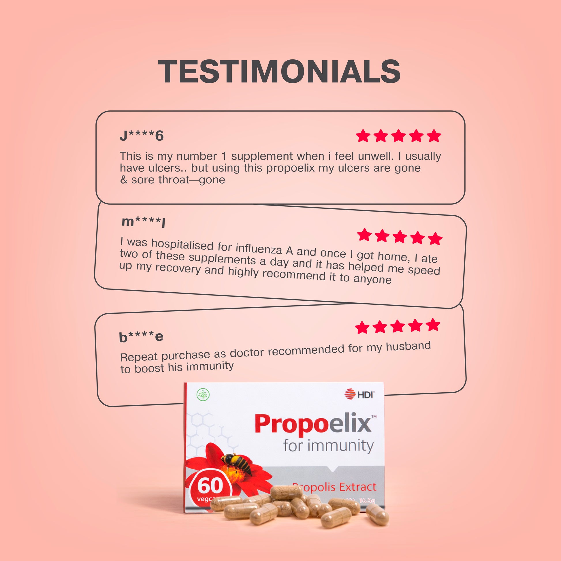 Testimonials for HDI Propoelix highlight successful recovery from fever and flu, improved platelet counts, and stronger immune support. Real-world social proof for this proprietary propolis extract