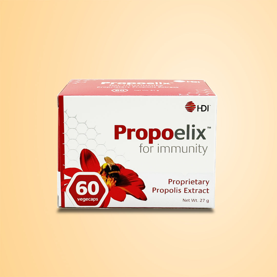 HDI Propoelix for Immunity: A 60-capsule box of proprietary propolis extract backed by 25 clinical studies. Features high ORAC antioxidant power to support platelet recovery and immune resilience.