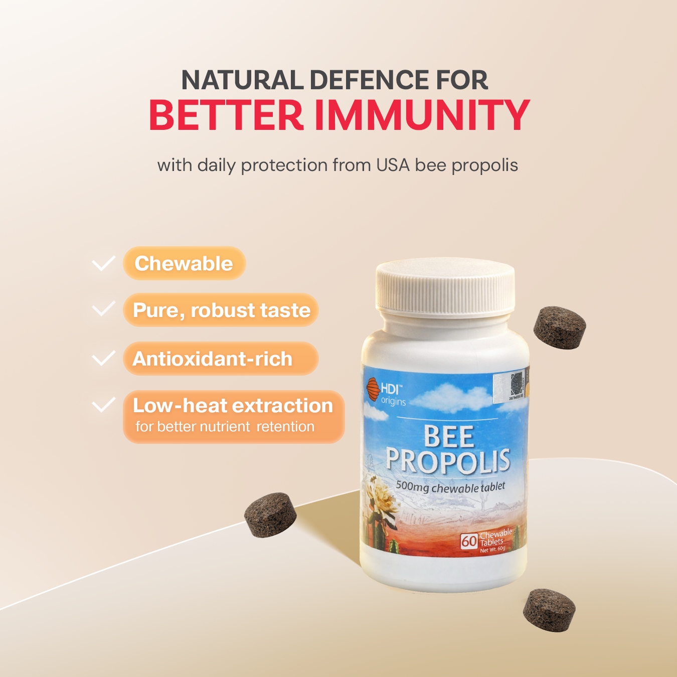 HDI Bee Propolis 500mg chewable tablet – daily immune defence from USA propolis, full of antioxidants and made with low heat to keep all the good nutrients in.
