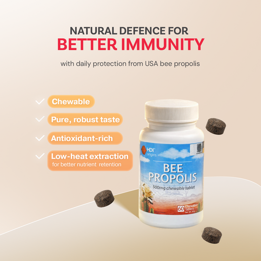 HDI Bee Propolis 500mg chewable tablet – daily immune defence from USA propolis, full of antioxidants and made with low heat to keep all the good nutrients in.