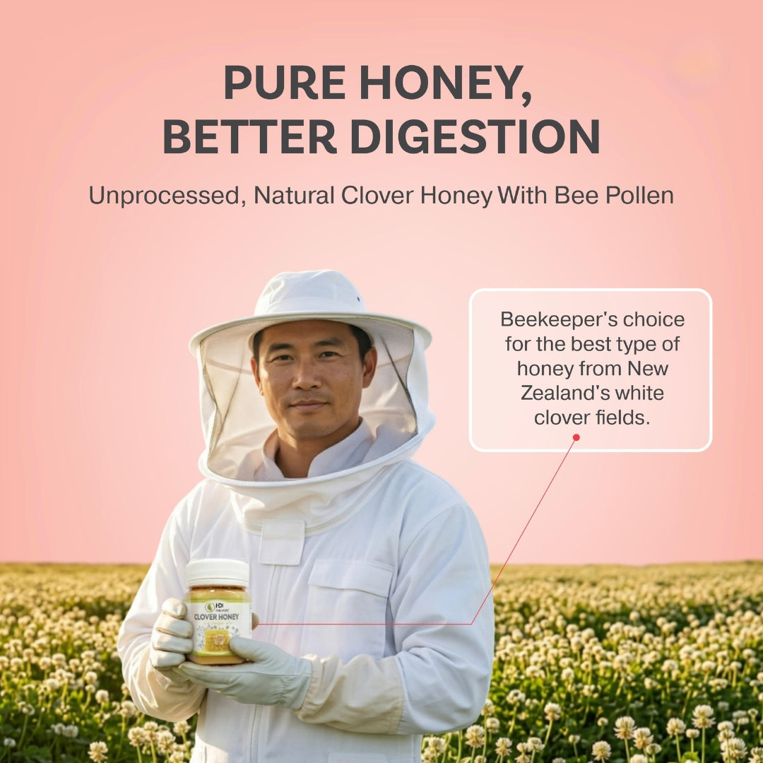 Beekeeper’s choice: HDI Clover Honey from New Zealand white clover fields. Raw, natural honey with bee pollen to help with bloating and gut health.