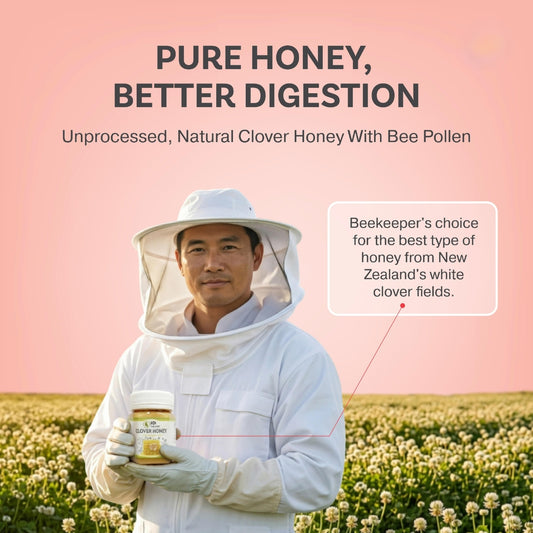 Beekeeper’s choice: HDI Clover Honey from New Zealand white clover fields. Raw, natural honey with bee pollen to help with bloating and gut health.