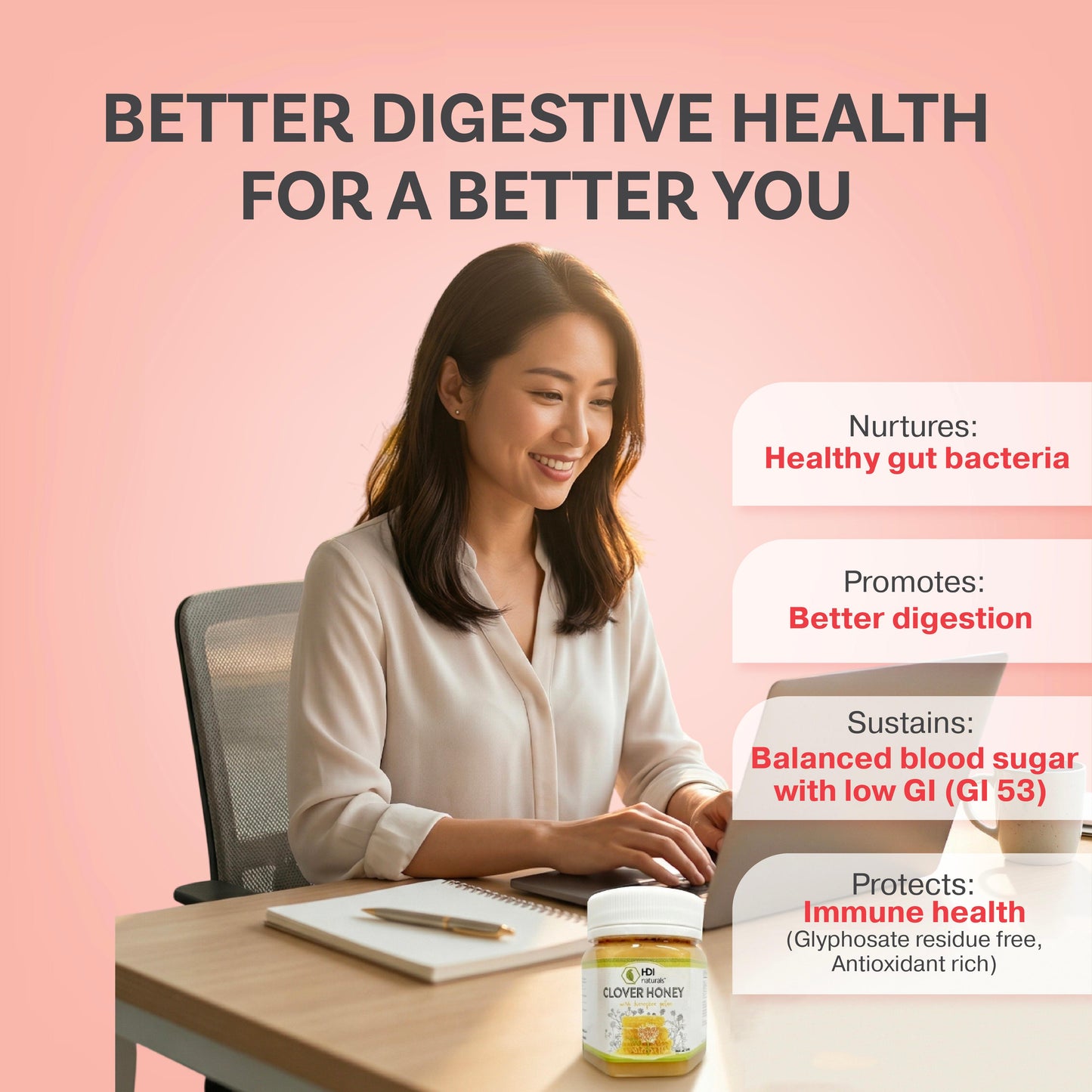 HDI Clover Honey benefits for blood sugar and digestion. A Low GI 53 honey safe for diabetics that supports gut health and immune protection. Pure, antioxidant-rich, and glyphosate-free.