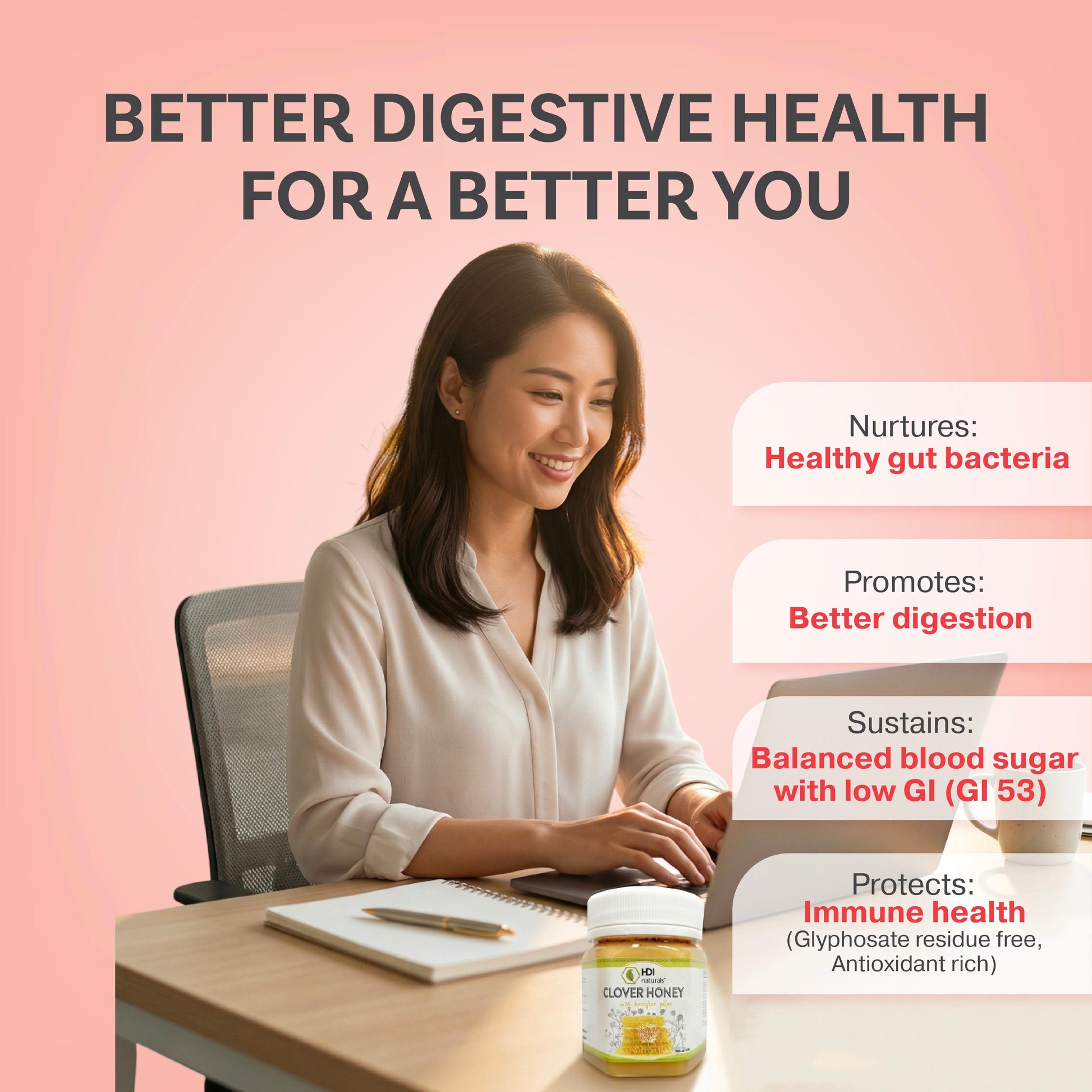 HDI Clover Honey benefits for blood sugar and digestion. A Low GI 53 honey safe for diabetics that supports gut health and immune protection. Pure, antioxidant-rich, and glyphosate-free.