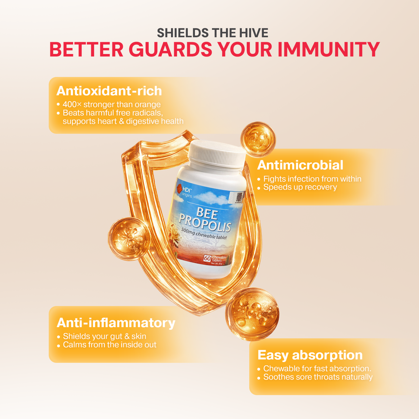HDI Bee Propolis chewable – 400x more antioxidants than orange, fights infection, reduces inflammation and soothes sore throat, easy to absorb daily immune tablet.