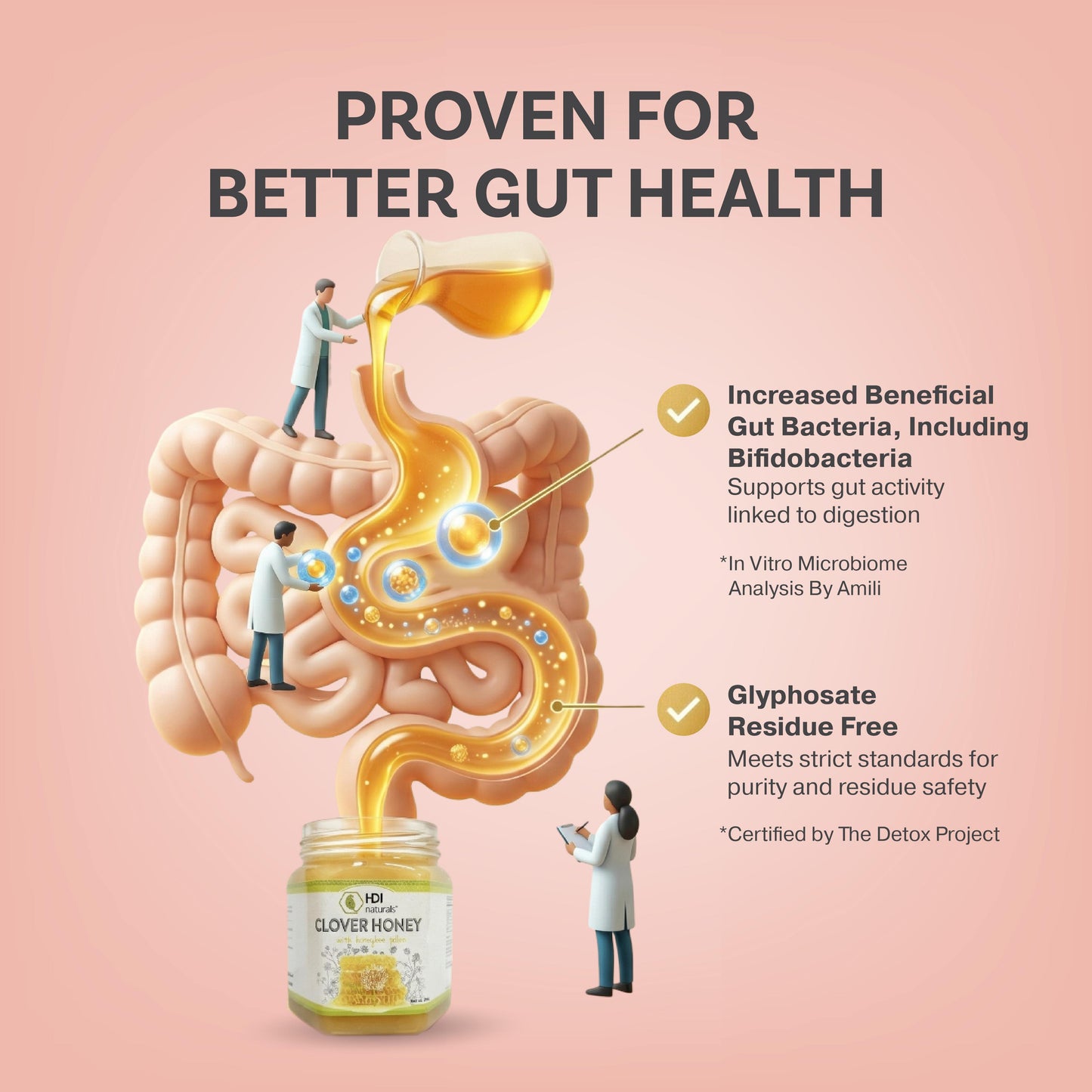 HDI Clover Honey: Proven for better gut health by increasing beneficial bacteria like Bifidobacteria. Certified Glyphosate Residue Free by The Detox Project for purity and safety.