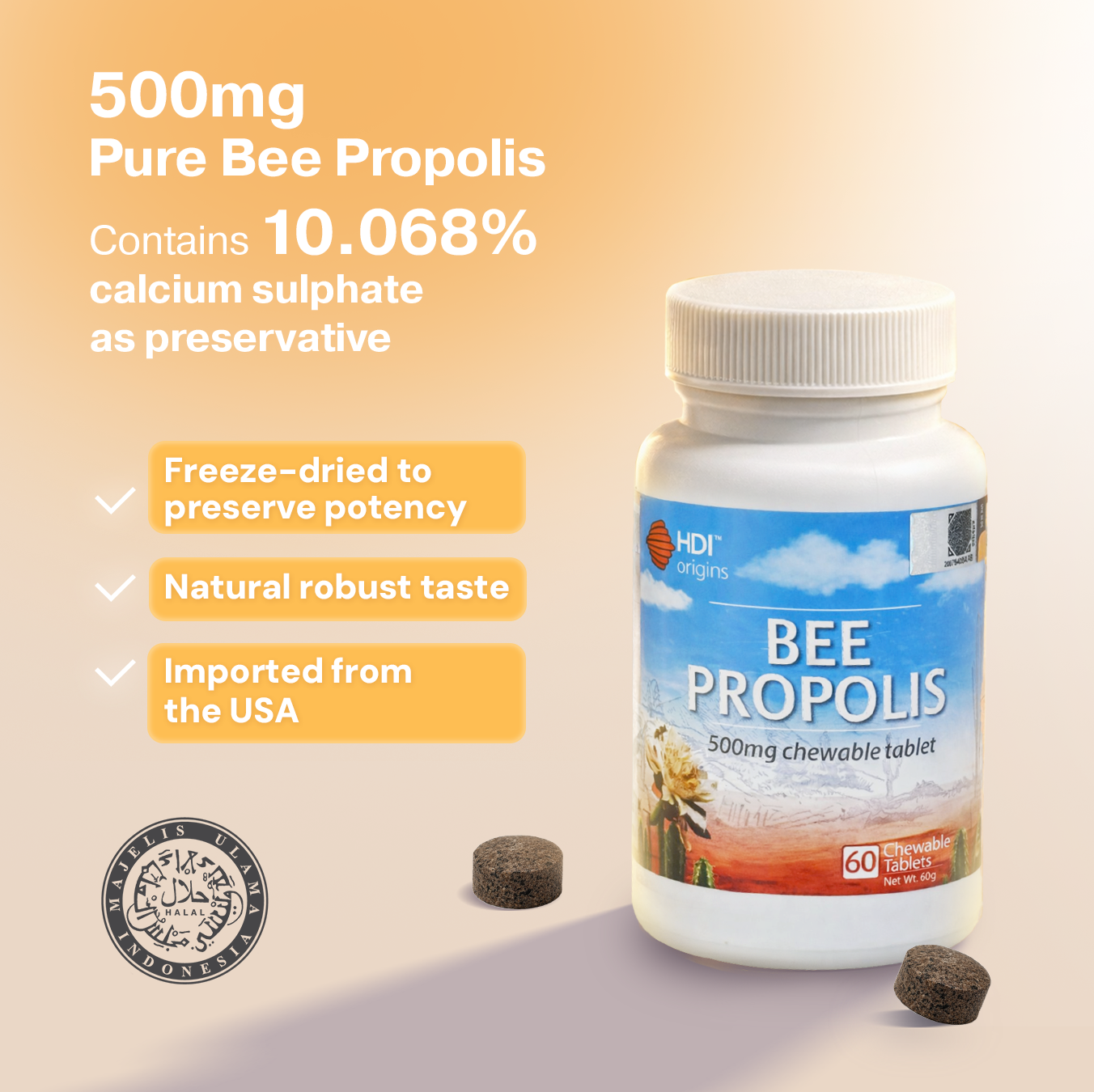 HDI Bee Propolis 500mg chewable tablet – pure USA propolis, freeze dried to keep it strong and fresh, natural taste, halal certified, no artificial preservatives.