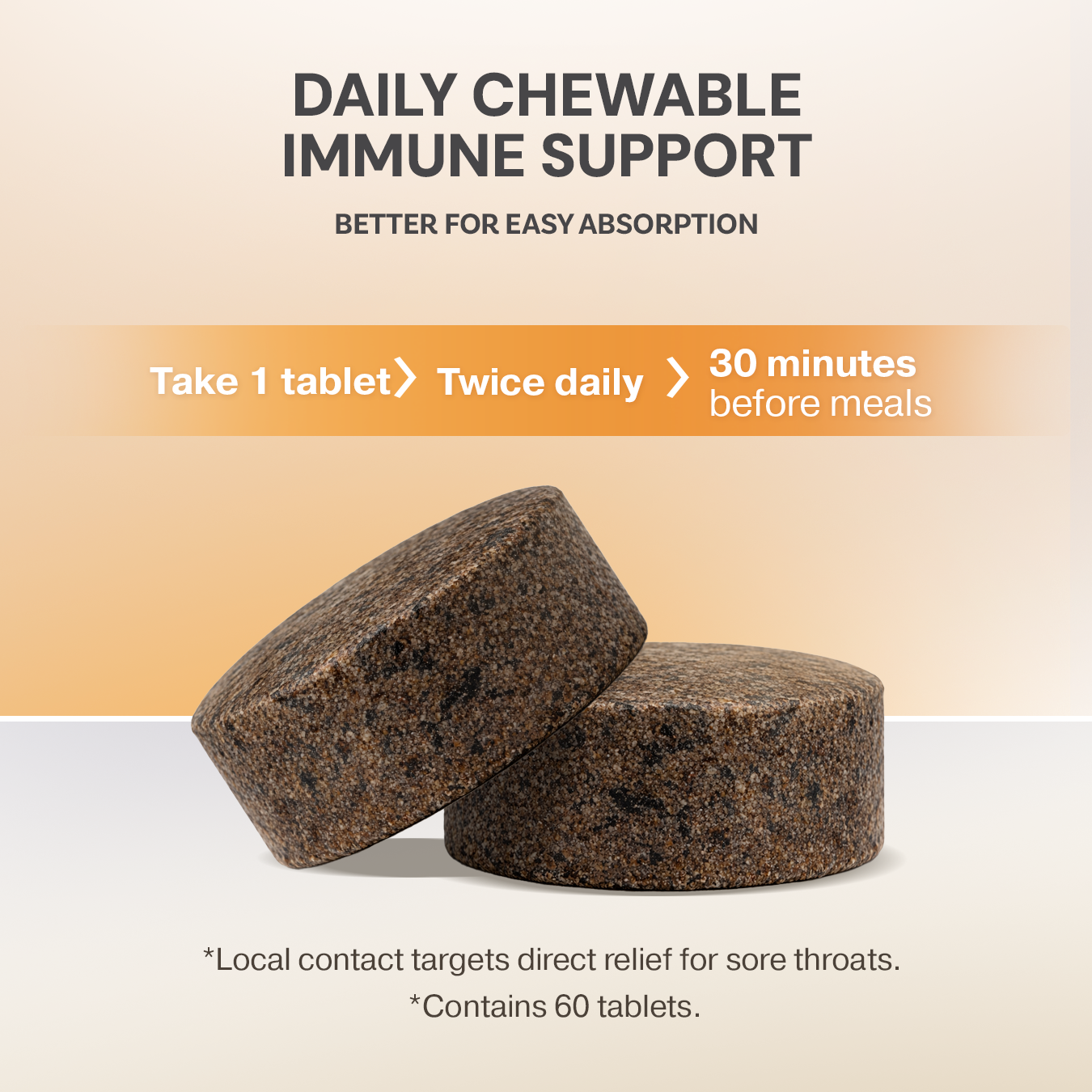 HDI Bee Propolis chewable tablet – take 1 tablet twice a day before meals for daily immune support and sore throat relief, 60 tablets per bottle.