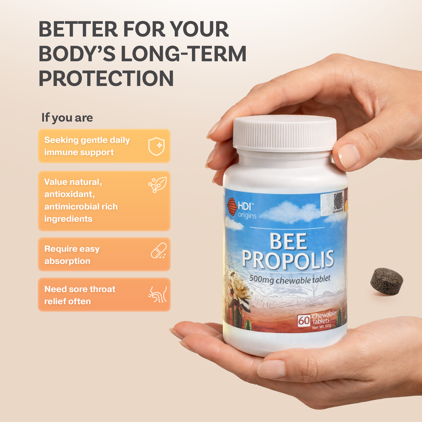 HDI Bee Propolis 500mg – good for anyone who gets sore throats often, wants gentle daily immune support and prefers natural ingredients that are easy to absorb.