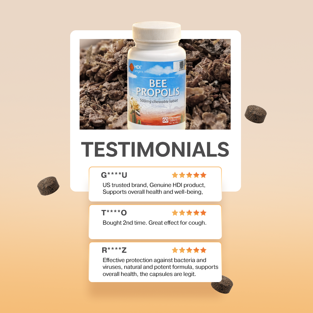 HDI Bee Propolis customer reviews – five star rated for fighting cough, bacteria and viruses, trusted US brand that supports overall health and wellbeing naturally.