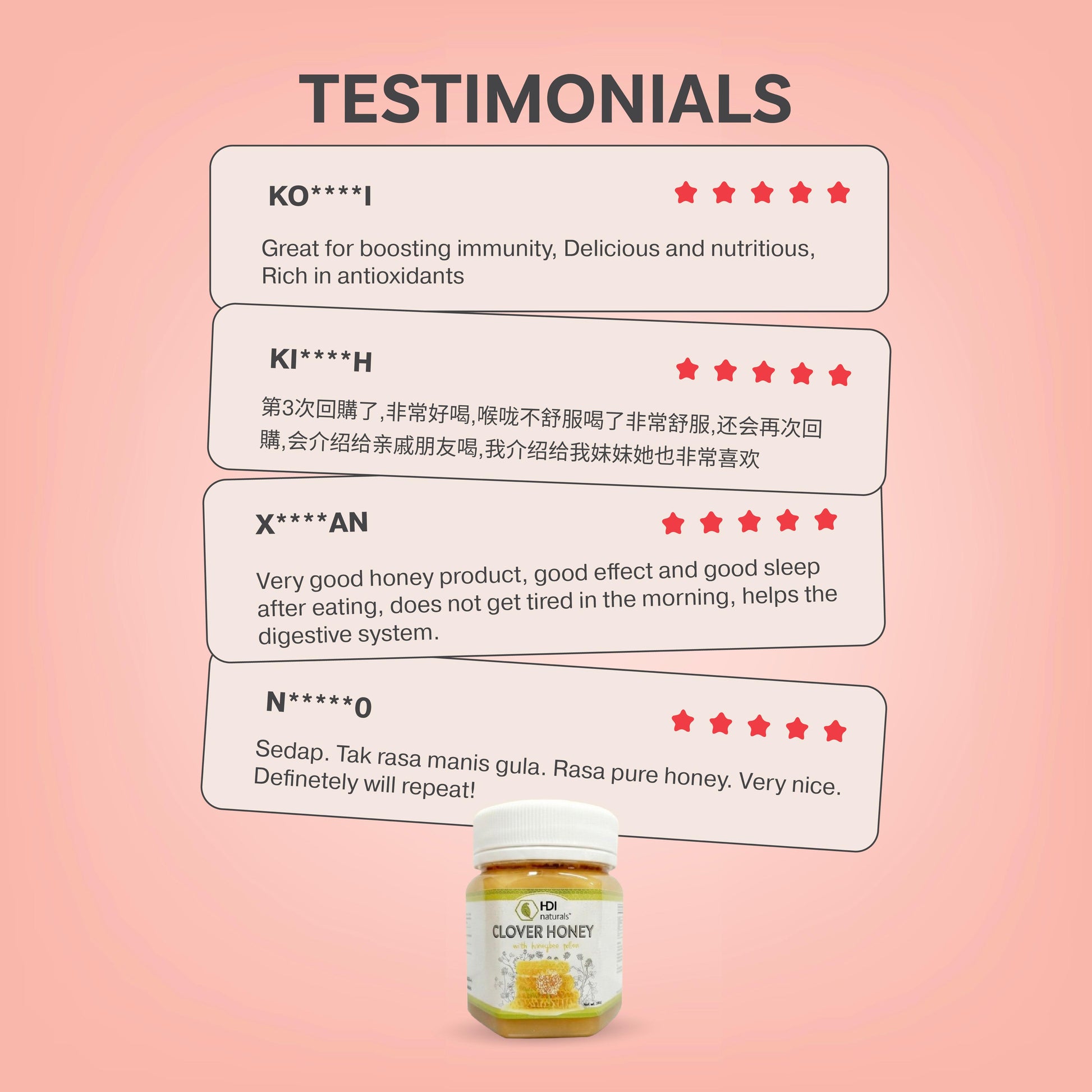Testimonials for HDI Clover Honey highlighting benefits for immunity, digestive support, and better sleep. Customers praise the product for gut health, immunity boosting, and its authentic, pure honey taste without added sugar.