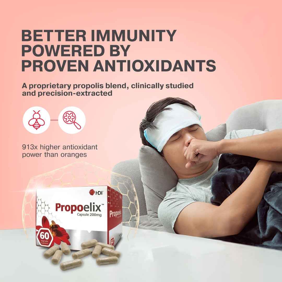 HDI Propoelix for faster recovery from illness. Featuring 913x higher antioxidant power than oranges, this proprietary propolis blend is clinically studied to strengthen immunity and reduce inflammation during sickness.